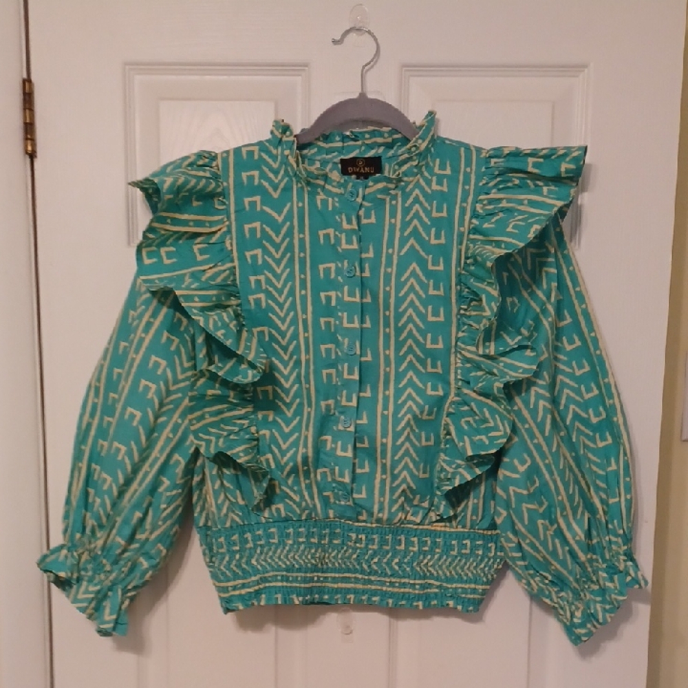 D'IYANU sz XL, Aqua Green & Light Beige Patterned Ruffle Blouse With Baloon Sle